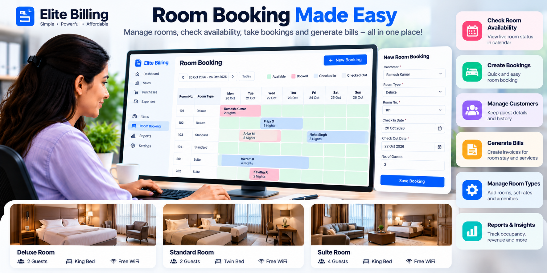 Elite Billing room booking management dashboard